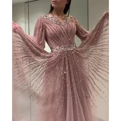 Robe de Soiee New Dubai Dark Pink Long Sleeves Evening Dresses 2020 V-Neck Beading Sequined A-Line Formal Dress Prom Gowns
