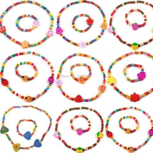 DHL 200set 2pc/set Girls Jewelry Set Wooden Cute Love Heart Beads Necklace+Bracelet Jewelry Set Baby Craft gift