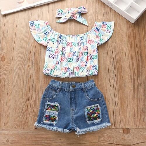 2021 Girls Summer Wear Euro American Shoulder Pullover Denim Shorts Three Piece Baby Suit Printed Middle And Small Children