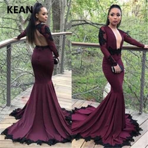 Burgundy Evening Dresses Deep-V Long Sleeve Backless Appliques Party Dress Sexy Prom Dress abendkleider Custom Made