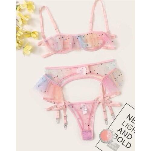 Women Lace 3Pcs Erotic Apparel Mesh Lingerie Set Bra +Waist Wrapped +Bandage Thong Briefs Erotic Babydoll Teddy Underwear