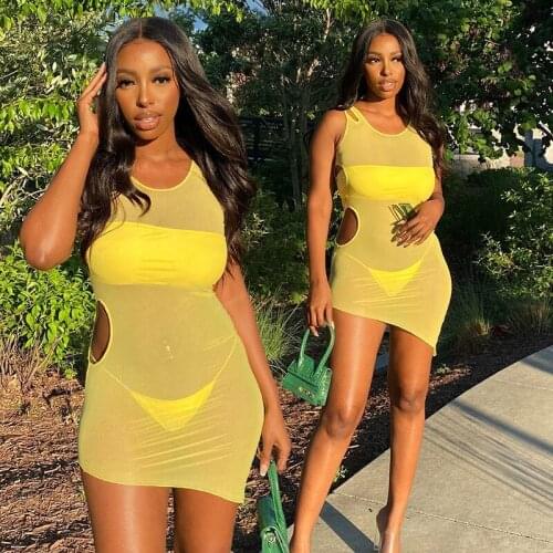 IR-CKERT Tube Crop Top Lace Up Thong Mesh Dress Hollow Out Bodycon See Through Sheer Streetwear Beach 2021 Summer 3 Pieces Set