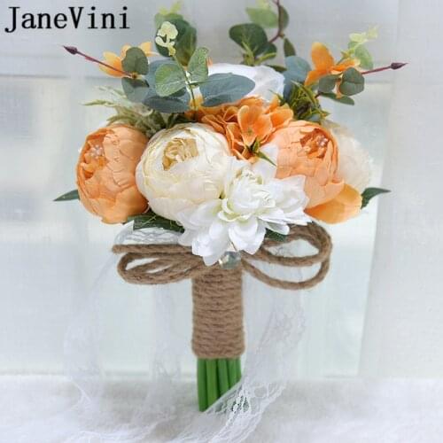 JaneVini Ins Orange Peony Artificial Bride Flowers Purple Blue Fake Flower rose fleur Red Wedding Bouquet Bridal Brooch Bouquets