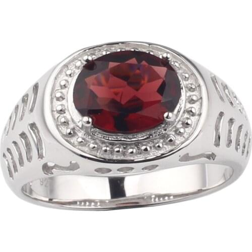 Natural Red Garnet Men Ring 925 Silver Band 8x10mm Oval Crystal Croissant Carve January Birthstone Birthday Gift R504RGN
