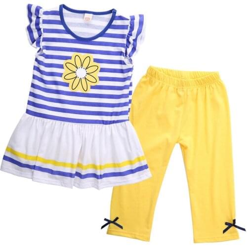 2Pcs Baby Girls Clothes Sets Sunflower Striped T shirt Tops+Shorts Pant Outfits Baby Kids Summer Clothes
