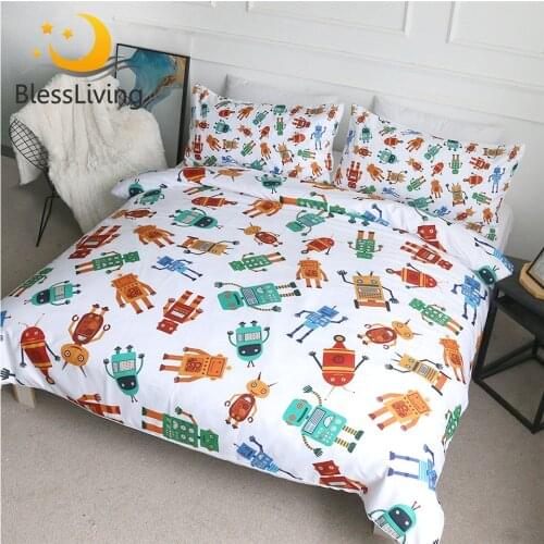 BlessLiving Robots Bedding Set for Children Teens Colorful Toys Bedspreads Science Quilt Cover With Pillowcases Cartoon Bed Set
