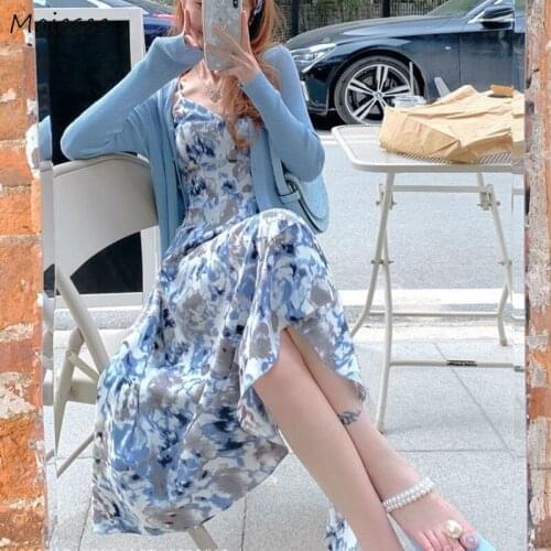Sets Women Vintage Floral Sleeveless A-line Ruffles Spaghetti Strap Oversize Summer Korean Style Loose Sunproof Cardigan Elegant