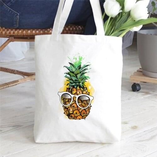 Fashion White Totes Canvas Book Bag Women Cute Pineapple Music Print Eco Reusable Shopping Bag Travel Storage Bag Students Gift