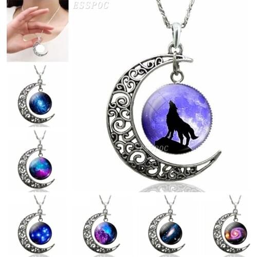 Wolf Crescent Moon Necklace Galaxy Jewelry Fashion Accessories Nebula Glass Cabochon Necklace Handmade Gift