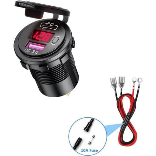 PD Type C USB Car Charger Switch QC 3.0 Quick Charger Waterproof 36W Charger Power Delivery Voltmeter With 10A Fuse 60cm Cable