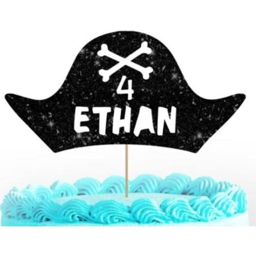 Personalize name age glitter Pirate Hat boy birthday Cake Topper -baby shower party cake toppers baptism decoration