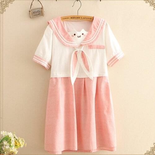 Spring Summer Mori Girl Sailor Collar Dress Women Harajuku Rabbit Bow Pink Embroidery Female Kawaii Sweet Elegant Dress U272