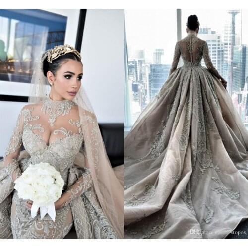 Luxury Crystal Beaded Mermaid Wedding Dresses With Detachable Train Sexy High Neck Long Sleeves Arabic Mulslim Bridal Gown