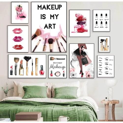 Nordic Pink Make Up Art Black Eyelash Canvas Painting Print Posters Cosmetic Brush Pictures For Girls' Bedroom Wall Decor
