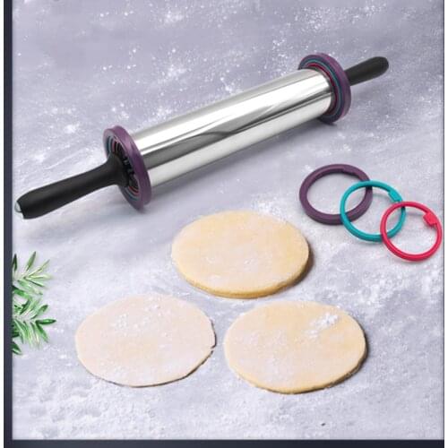 Overlength Stainless Steel Rolling Pin Adjustable Pizza Pasta Rolling Pin With 3 Removable Thickness Rings No-Stick Dough Roller