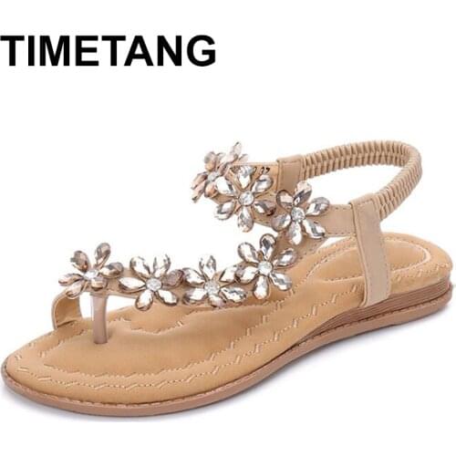 TIMETANG Boho Flower Women Beach Sandals 2021 Summer Rhinestone Women Flip Flops Soft Flat Ladies Shoes Sizes 35- 41E484