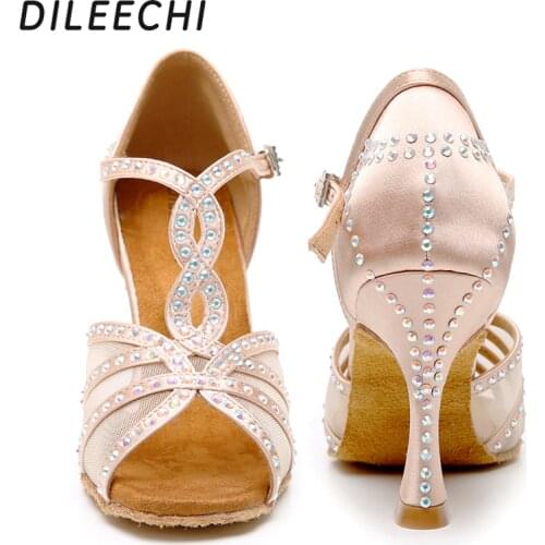 DILEECHI Latin Dance Shoes Women Party Dance Shoes Satin Mesh Shining rhinestones Salsa Dance Shoes sandals cuban heel 9cm