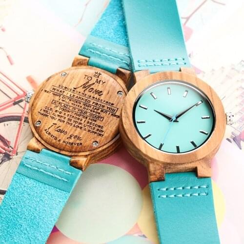 DIY Customized Logo Unique Blue Watch Family Gifts To My Mom Wood Watches Clock Women Fashion Leather Band Quartz Wristwatches