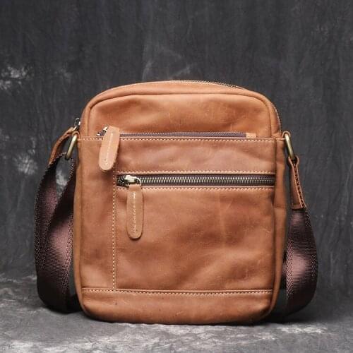 Vintage Natural Genuine Leather Men Crossbody Bag Casual Multi-Zip iPad mini Sling Beg