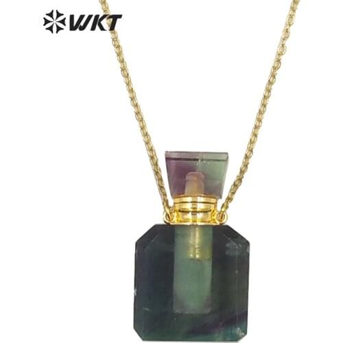 WT-N1194 Fashion square shape natural raw fluorite stone perfume bottle necklace faceted elegant stone bottle necklace for women