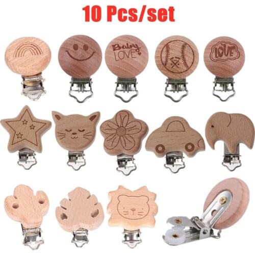 10 Pcs Cartoon Wooden Baby Pacifier Clips BPA Free Natural Beech Wood Nipple Holder Dummy Clips DIY Pacifier Chain Accessory