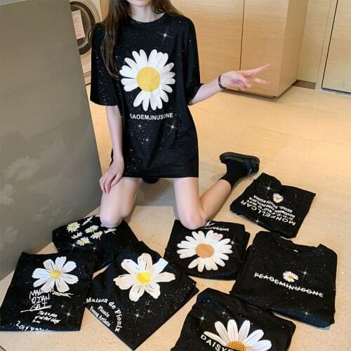 8 Styles Oversized Sunflower Black Sequin 100% Cotton T Shirts Women 2020 Summer Casual Vogue T Shirt Women T-shirty Damskie