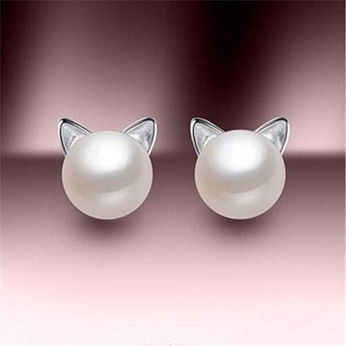 New Style Creative Cute Cat Modelling Pearl Stud Earring 2021 Korean Women Silver Plated Earring Elegant Women Cocktail Jewelry