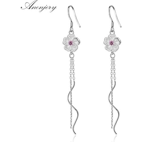 ANENJERY 925 Sterling Silver Cherry Blossom Flower Wave Tassel Earrings For Women Girl Gift Earrings brincos S-E669