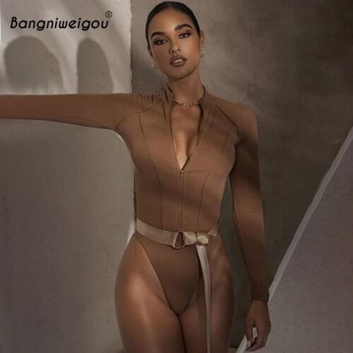 Bangniweigou Bodycon Zip Up Cycling Bodysuit Women Sporty Fitness Stretchy Rompers Top Fashion Long Sleeve Solid Body Suit