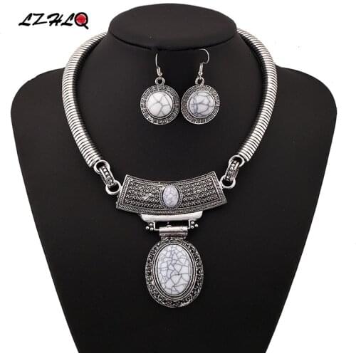 LZHLQ Women Vintage Carved Oval Choker Statement Necklace Sets Women 3 Colors Zinc Alloy Jewelry Collares Collier