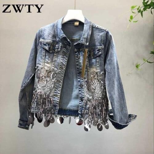 ZWTY Autumn Womens Heavy Industry Beaded Tassel Sequins Washed Broken Holes Short Denim Jacket Women Fashion Jacket