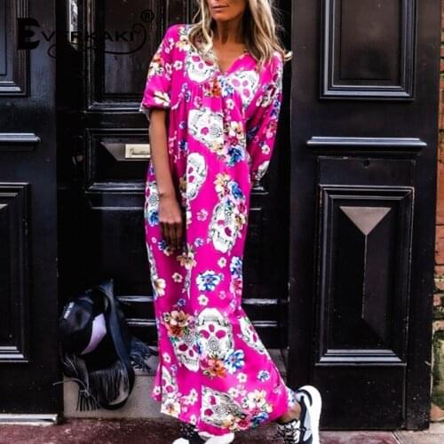 Everkaki Boho Skull Print Long Dress Women Retro 2021 Summer Beach Party Y2K Pink Streetwear Plus Size Sexy Maxi Dress Female