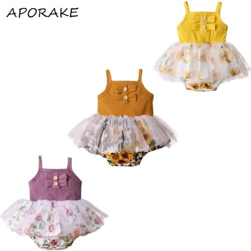 2021 0-18M Newborn Baby Girl Romper Dress Sleeveless Ruffle Button Sunflower Leopard Print Playsuit Tulle Dress Summer Outfit