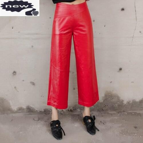 Fashion Womens Side Zipper Genuine Leather Sheepskin Wide Leg Pants Loose Fit Broeken Woman Multi Color Plus Size Trousers