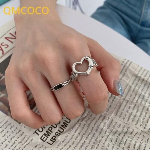 QMCOCO Fashion 925 Sterling Silver Hollow Heart Ring Glamorous Women Fashion Jewelry Party Accessories Gifts