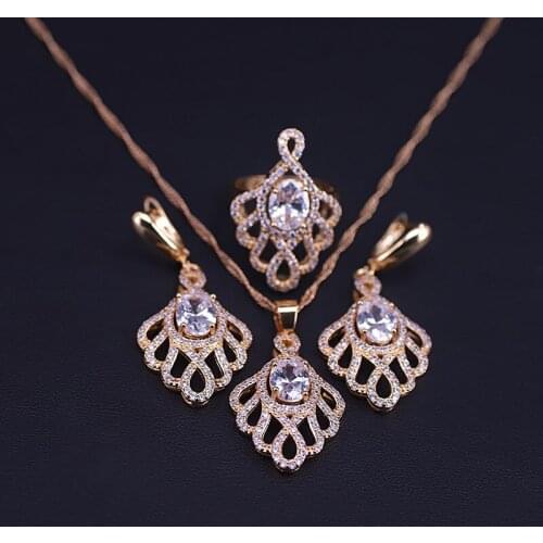 Luxury Fan shape Gold Color Jewelry Zircon Jewelry For Women Adjustable Ring Earrings Necklace With Pendant Factory Sales