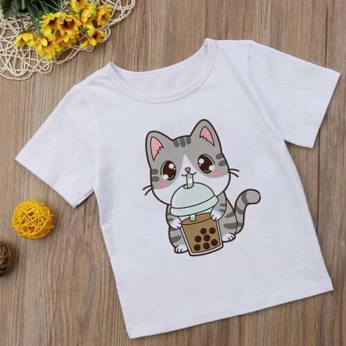 Cute Animal Cartoon Apparel Kids Milk Tea T-Shirts Cat Dog Short Sleeve Kawaii Print Fashion Boys Girls Funny Summer Tops,YKP004