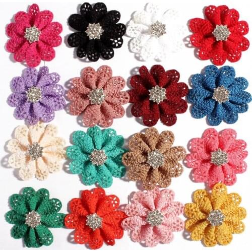 120pcs/lot 5.5cm 16colors Hair Clip Hollow Out Hair Flowers With Sparkly Snow Rhinestone Buttons DIY Fabric Flowers For Headband