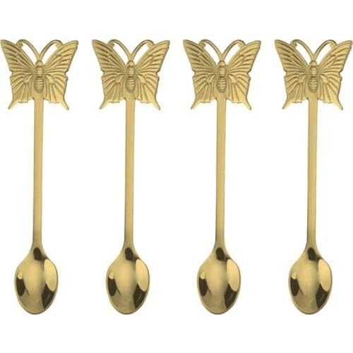 4pcs Stainless Steel Long Handle Spoons Dessert Scoops Salad Spoon For Home Butterfly Spoon