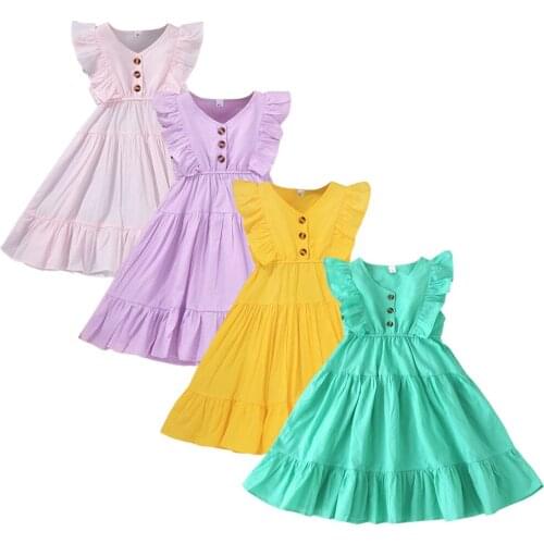 Infant Kids Baby Girl’s Summer Casual Sleeveless Dress Fresh Solid Color Button V-neck A-line Princess Dress 0-6T
