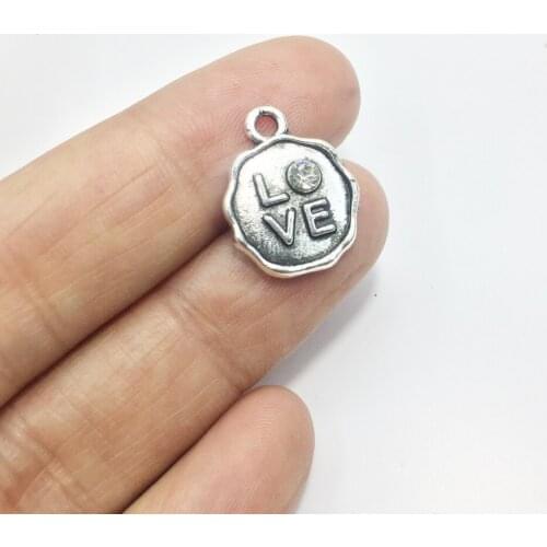 Eruifa 10pcs 14mm LOVE With Rhinestone Coin Zinc Alloy Necklace,Earring Bracelet Jewelry DIY Handmade 2 Colors