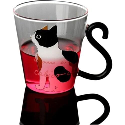 Personality Glass Water Cup Korean Japanese Style 3D Cat Printed Heat-resistant Milk Cup Juice Mug Insulated Coffee Mugs 8.5oz
