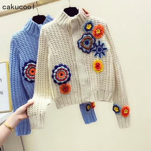 Cakucool 3D Florals Cardigan Women Long Sleeve turtleneck Sweaters Hook Flowers Embroid Jumpers Sweater Cute Open Stitch Female