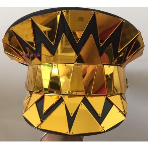 Gold mirror hat silver glass cap Nightclub men women DS singer performance shiny military cap flat cap