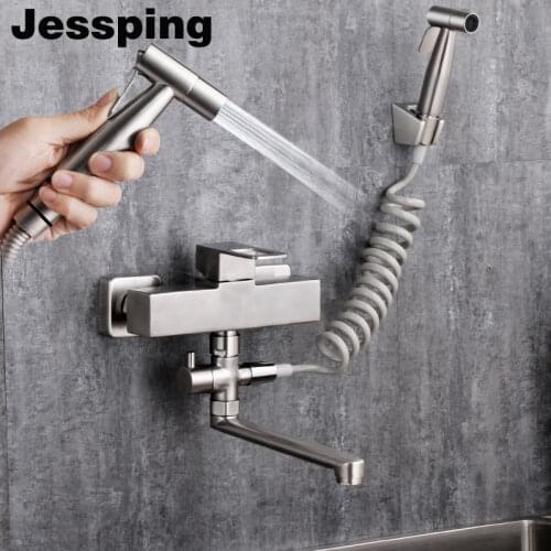 Square faucet body kitchen tap has sprayer shower gun wall mount
