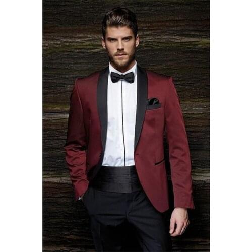 Fashion Style One Button Burgundy Groom Tuxedos Groomsmen Mens Wedding Prom Suits Bridegroom (Jacket+Pants)