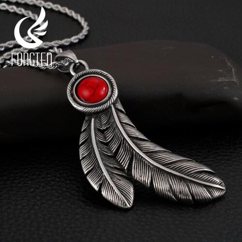 Fongten Vintage Feather Pendant Necklace Red Stone Retro Stainless Steel Punk Men Necklaces Jewelry