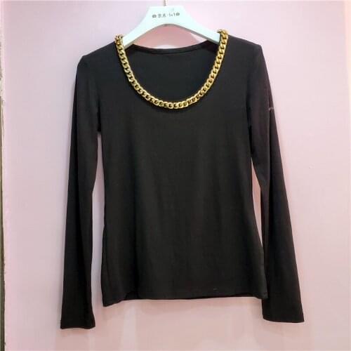 Nancylim Harajuku Tshirt Women 2020 Autumn Long Sleeve T Shirts New Chain Round Neck All-match Pullovers Lady Top Slim Fit Tops
