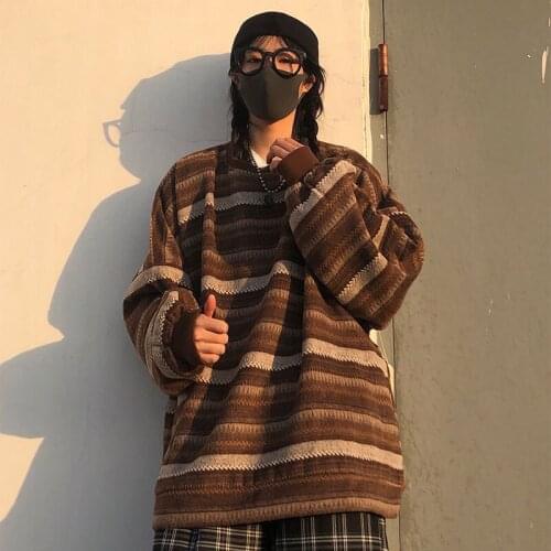 New Winter Fashion Retro Daily Pullovers Womens Oversize Ulzzang BF Unisex Couples Japanese Striped Knit Sweater Hip Hop Female