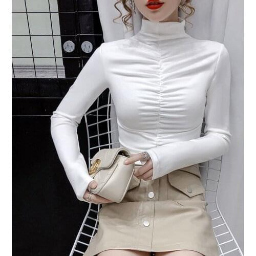Autumn Long Sleeve T Shirt Women T-shirt Slim Fit Womens Tops And Blouses Versatile Pleated Half High Collar Woman Tshirts